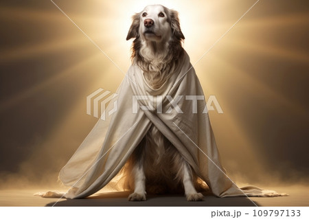 Majestic wise dog sage dressed in white long robe against shining backdrop. Light create halo around dog, making it look like divine creature. Dog god. Religion concept. 109797133