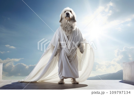 Majestic wise dog Labrador sage dressed in white long toga in temple against backdrop of mountains. Suns rays create halo around dog, making it look like divine creature. Dog god. Religion concept. 109797134
