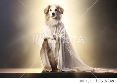 Majestic wise dog sage dressed in white long toga against shining backdrop. Light create halo around dog, making it look like divine creature. Dog god. Religion concept. Majestic wise dog sage dressed in white long toga against shining backdrop. Light create halo around dog, making it look like divine creature. Dog god. Religion concept. 109797189