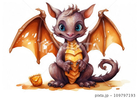 Watercolor Dragon. Cute cartoon fairy tale brown baby dragon with open wings, smiles. Illustration isolated on white background. Perfect for fantasy book covers, postcards, scrapbooking. Watercolor Dragon. Cute cartoon fairy tale brown baby dragon with open wings, smiles. Illustration isolated on white background. Perfect for fantasy book covers, postcards, scrapbooking. 109797193