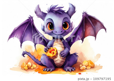 Watercolor Dragon. Cute cartoon fairy tale purple baby dragon with open wings and cookies, smiles. Illustration isolated on white background. Perfect for fantasy book covers, postcards, scrapbooking. 109797195