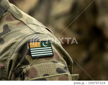Flag of Azad Kashmir on military uniform. Army, troops, soldier (collage). Flag of Azad Kashmir on military uniform. Army, troops, soldier (collage). 109797328