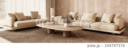 Warm and inviting boho scandinavian living room with textured sofas and wooden accents. 3d render 109797378