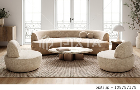 Spacious and airy boho chic living room with curved sofa and natural light from large windows. 3d render 109797379