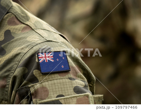Flag of New Zealand on military uniform. Army, troops, soldiers. Collage. Flag of New Zealand on military uniform. Army, troops, soldiers. Collage. 109797466