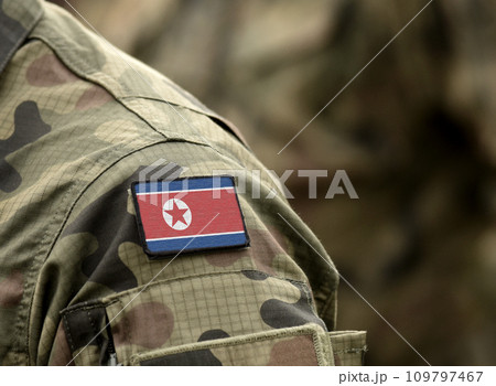 Flag of North Korea on military uniform (collage). Flag of North Korea on military uniform (collage). 109797467