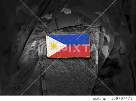 Flag of Philippines on military uniform. Army, troops, soldiers. Collage. Flag of Philippines on military uniform. Army, troops, soldiers. Collage. 109797473