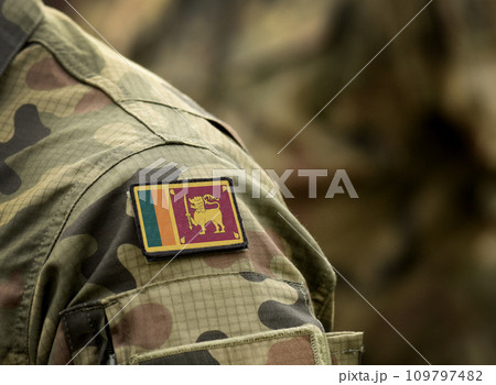 Flag of Sri Lanka on military uniform. Army, armed forces, soldiers. Collage. Flag of Sri Lanka on military uniform. Army, armed forces, soldiers. Collage. 109797482