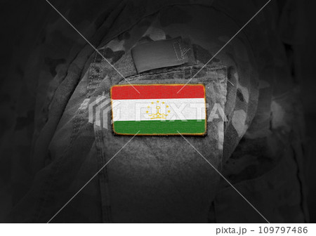 Flag of Tajikistan on military uniform. Army, armed forces, soldiers. Collage. Flag of Tajikistan on military uniform. Army, armed forces, soldiers. Collage. 109797486