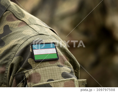Flag of Uzbekistan on military uniform. Army, armed forces, soldiers. Collage. 109797508