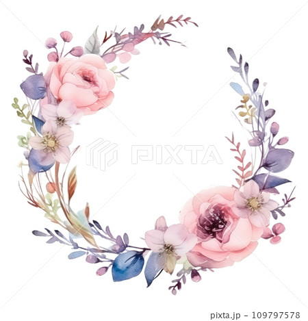 Watercolor wedding circle frame, delicate colors, offering a romantic and stylish backdrop. isolated 109797578