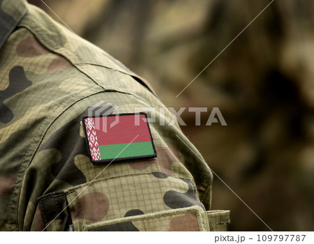 Flag of Belarus on military uniform. Army, troops, soldiers. Collage. 109797787