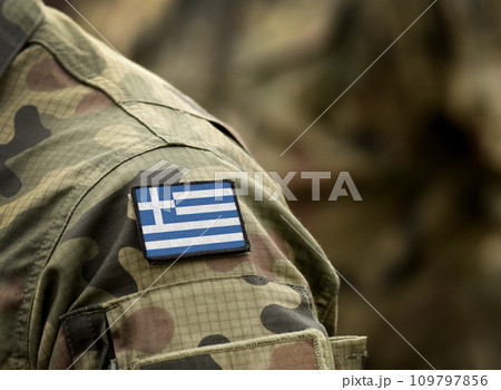 Flag of Greece on military uniform. Greece, Army, troops, soldiers, Greece (collage). 109797856