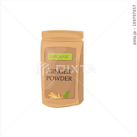 Dry ginger powder in a pack. Ayurvedic remedy and spice for cooking. Isolated cartoon vector illustration. 109797857