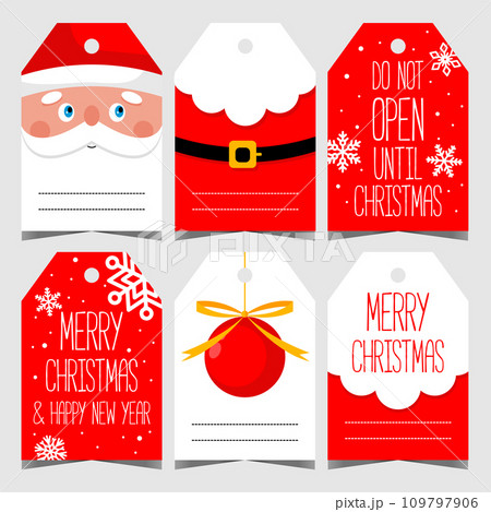Christmas label or tag for gift with decorative elements as Santa Claus, snowflakes and Christmas ball. Vector design template with empty space to write a text or greeting message. 109797906