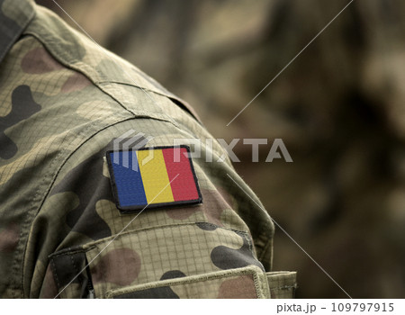 Flag of Romania on military uniform. Army, armed forces, soldiers. Collage. Flag of Romania on military uniform. Army, armed forces, soldiers. Collage. 109797915