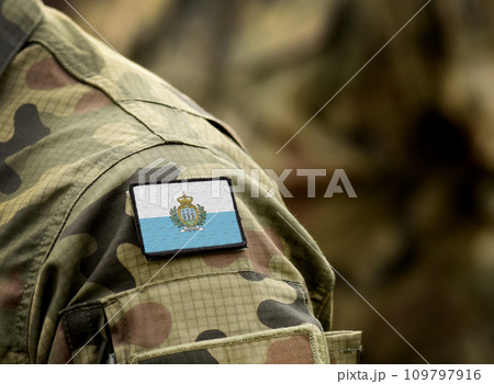 Flag of San Marino on military uniform. Army, soldiers. Collage. 109797916