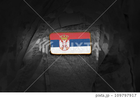 Flag of Serbia on military uniform. Army, armed forces, soldiers. Collage. Flag of Serbia on military uniform. Army, armed forces, soldiers. Collage. 109797917