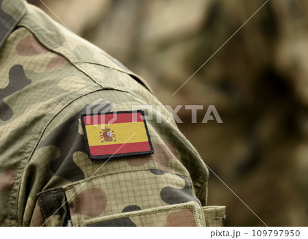 Flag of Spain on military uniform. Army, troops, soldier (collage). Flag of Spain on military uniform. Army, troops, soldier (collage). 109797950