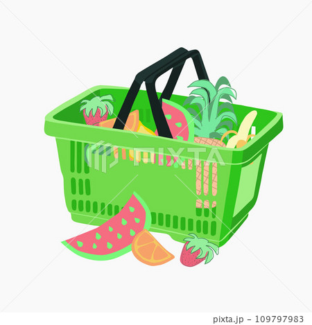 Vector isolated illustration of fruit shopping. Fruits in a basket. Healthy Eating. Fruitage. Vegan products. 109797983