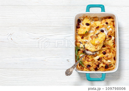 pineapple sweet casserole in baking dish, top view pineapple sweet casserole in baking dish, top view 109798006