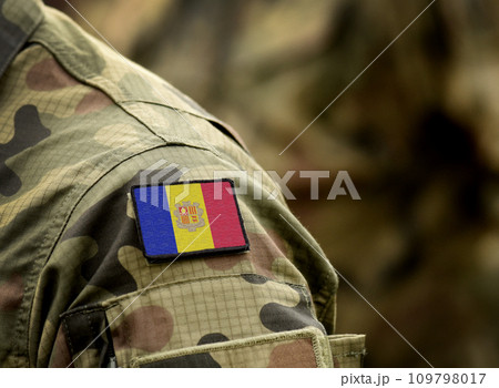 Flag of Andorra on military uniform. Army, soldiers. Collage. 109798017