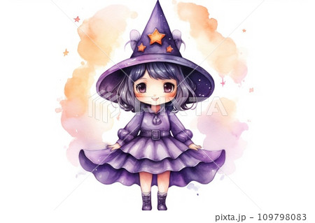 Cute witch in a light purple dress and a pointed hat. Watercolor cartoon illustration isolated on white background. Design element for postcard, greeting, print, sticker, scrapbooking. 109798083