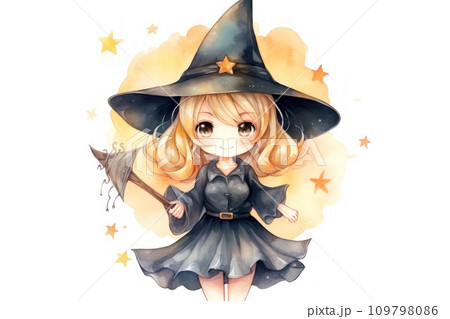Cute witch in black dress and pointed hat with magic wand. Watercolor cartoon illustration isolated on white background. Design element for postcard, greeting, print, sticker, scrapbooking. Cute witch in black dress and pointed hat with magic wand. Watercolor cartoon illustration isolated on white background. Design element for postcard, greeting, print, sticker, scrapbooking. 109798086