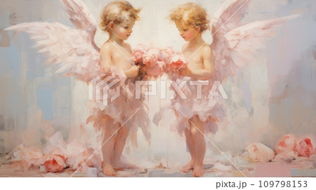Ancient fresco. Two angels with wings with flowers. Cute fairies. Kids cherubs. Oil painting illustration, impressionism style. Pastel colors. For postcard, greeting, wall decor, cover design, print. Ancient fresco. Two angels with wings with flowers. Cute fairies. Kids cherubs. Oil painting illustration, impressionism style. Pastel colors. For postcard, greeting, wall decor, cover design, print. 109798153