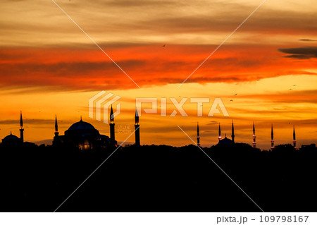 Sunset over Istanbul Silhouette of mosque orange sky, Turkey 109798167
