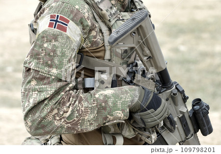 Soldier with assault rifle and flag of Norway on military uniform. Collage. 109798201