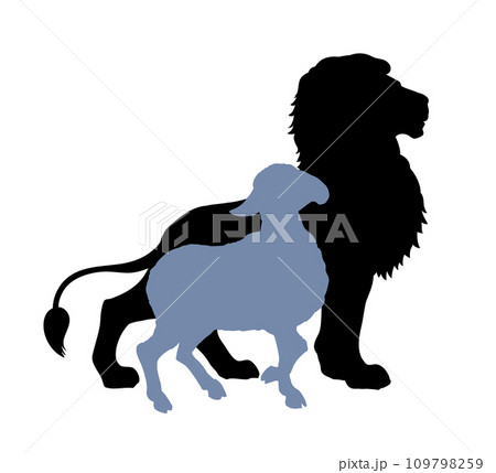 Vector drawing. Lion and lamb walks together 109798259