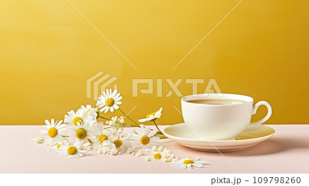 a cup of tea with chamomile in the background 109798260