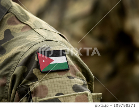 Flag of Jordan on military uniform. Army, armed forces, soldiers. Collage. Flag of Jordan on military uniform. Army, armed forces, soldiers. Collage. 109798271