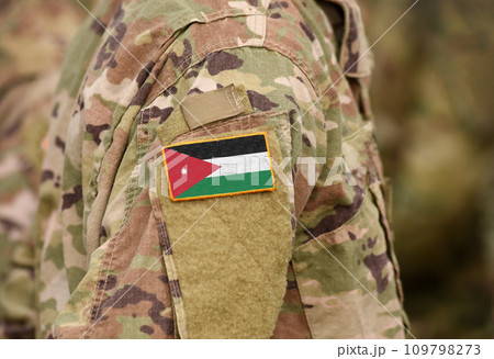 Flag of Jordan on military uniform. Army, armed forces, soldiers. Collage. 109798273