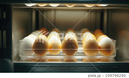a photo showing eggs on trays in an open refrigerator 109798280