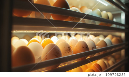 a photo showing eggs on trays in an open refrigerator 109798283
