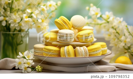 a plate filled with macarons next to lemon flowers a plate filled with macarons next to lemon flowers 109798352