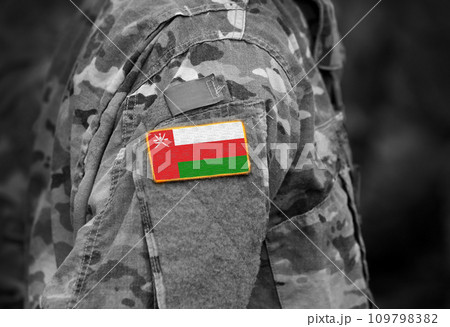 Flag of Oman on military uniform. Army, armed forces, soldiers. Collage. 109798382