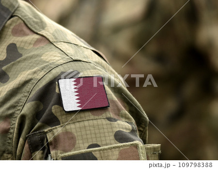 Flag of Qatar on military uniform (collage). Flag of Qatar on military uniform (collage). 109798388