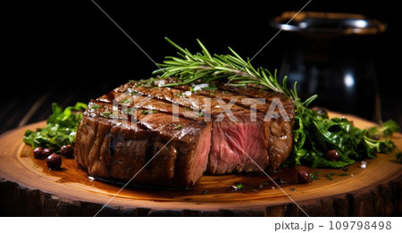 a grilled steak sitting on a wooden table, 109798498