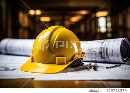 a hard hat is resting on some blueprints a hard hat is resting on some blueprints 109798570