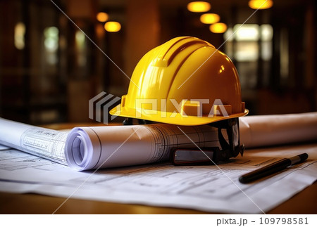 a hard hat is resting on some blueprints 109798581