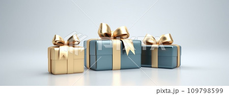 gold boxes on grey background with bow gift idea in white 109798599