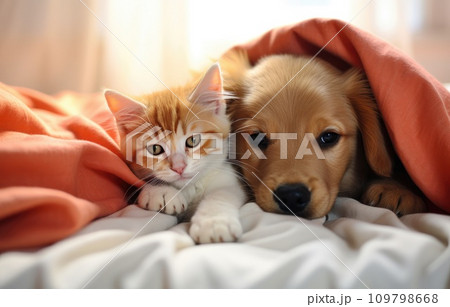 a kitten and a dog cuddling on a white bedding a kitten and a dog cuddling on a white bedding 109798668