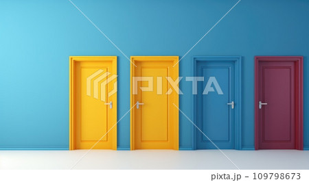 bright yellow door sits on a blue wall bright yellow door sits on a blue wall 109798673