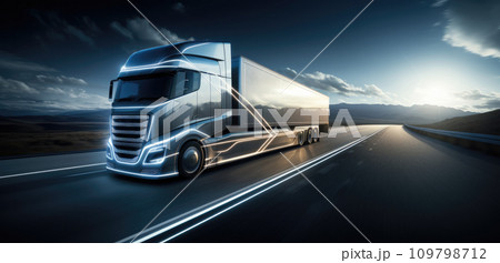 a black truck is traveling down a sunny path 109798712