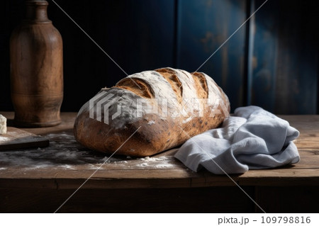 a loaf of bread sitting on a wooden board 109798816