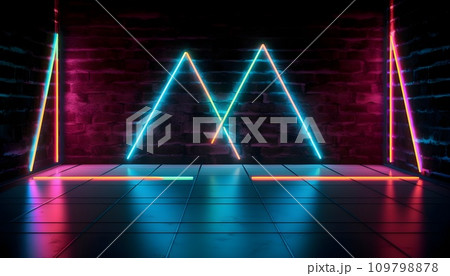 Futuristic Stage colorful neon lights stages room background and backdrop, empty podium for Product Display or Presentations, abstract modern, Perfect for Showcases and Modern Projects. 3D Rendering. Futuristic Stage colorful neon lights stages room background and backdrop, empty podium for Product Display or Presentations, abstract modern, Perfect for Showcases and Modern Projects. 3D Rendering. 109798878