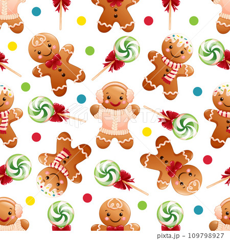 Seamless pattern with cute cartoon Christmas gingerbread men. Hand drawn vector illustration. Funny xmas background 109798927
